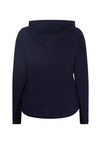 Felpa con cappuccio blu navy a maniche lunghe, realizzata in tessuto morbido. Presenta un orlo arrotondato e un design semplice senza motivi o contrasti aggiuntivi.