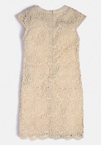 Abito in pizzo beige chiaro con motivo floreale, maniche a cappuccio, chiusura con zip posteriore e dettaglio orlo smerlato. Sovrapposizione in pizzo strutturato.