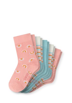 Sechs Paar Socken: rosa mit Regenbogenmuster, hellblau, weiße Streifen und gestreifte Akzente in Orange und Teal. Baumwollmischung mit gerippten Bündchen.