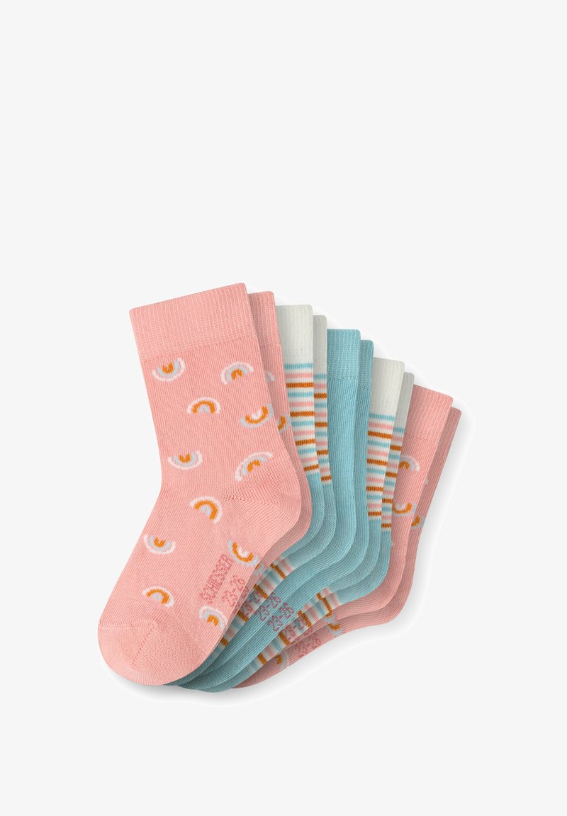 Sechs Paar Socken: rosa mit Regenbogenmuster, hellblau, weiße Streifen und gestreifte Akzente in Orange und Teal. Baumwollmischung mit gerippten Bündchen.