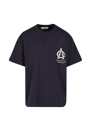 Navy blue cotton t-shirt with short sleeves, a round neckline, and a white graphic design on the left chest and upper back.