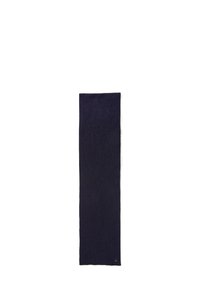 Navyblauwe wollen sjaal, lang rechthoekig van vorm, textuurstof, met een klein logo in een van de hoeken. Geen patronen of accenten zichtbaar.