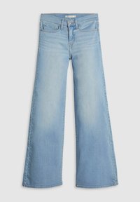 Jean denim bleu clair à taille haute et jambes larges, avec poches avant et fermeture par bouton.