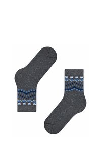 Calzini grigi con un motivo geometrico blu e bianco lungo il risvolto. Il tessuto ha una texture morbida con un leggero effetto melange.