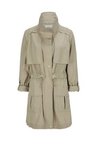 Beige leichte Jacke mit hohem Kragen, verstellbarem Kordelzug in der Taille und zwei vorderen Klappentaschen. Mit Druckknopfverschlüssen und umgeschlagenen Ärmeln.