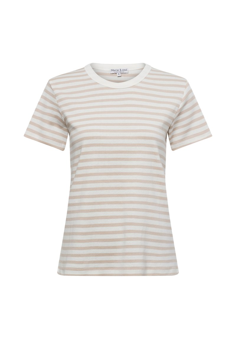 Striped t-shirt in soft cotton, featuring alternating cream and light beige horizontal stripes, round neckline, and short sleeves.