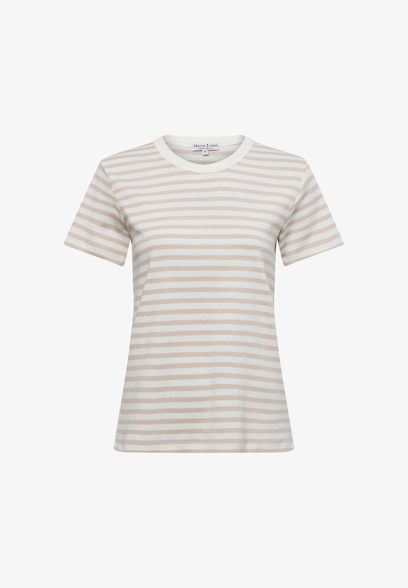 Striped t-shirt in soft cotton, featuring alternating cream and light beige horizontal stripes, round neckline, and short sleeves.