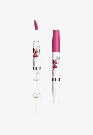 Vloeibare lipstick in witte en roze verpakking met een puntige applicator en een doorzichtige dop, met de tekst "Super Stay 24 Color".