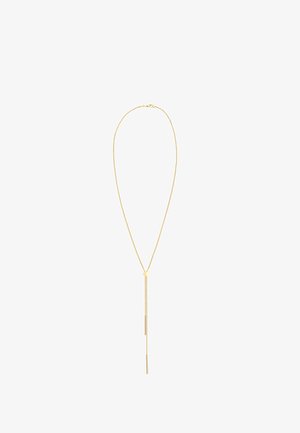 Gold-tone necklace with a thin chain, featuring a round pendant and two vertical bar accents hanging from a central drop.