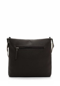 Black leather crossbody bag with a textured finish, featuring a front zip pocket and a strap that connects to silver hardware accents.