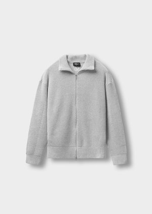 Light gray knitted zip-up sweater with long sleeves and a stand collar, laid flat on a white background.