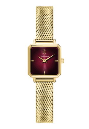 Kwadratowy złoty zegarek na rękę z burgundową tarczą, złotą siateczkową bransoletą, minimalistycznymi złotymi indeksami godzin oraz logo i napisem "Pierre Lannier" na tarczy.