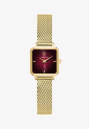 Reloj de pulsera cuadrado de oro con esfera burdeos, correa de malla dorada, marcadores de hora dorados y mínimos, y logo y texto "Pierre Lannier" en la esfera.