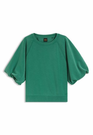 Zielona koszula z krótkimi, bufkami i okrągłym dekoltem, z metką "BOSS" wewnątrz kołnierzyka.