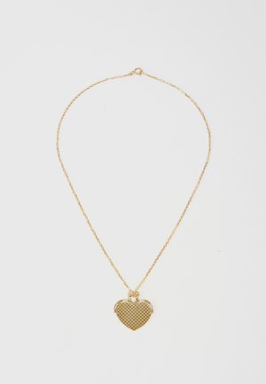 Gold chain necklace featuring a heart-shaped pendant with a textured grid pattern. Pendant hangs from a delicate, linked chain.