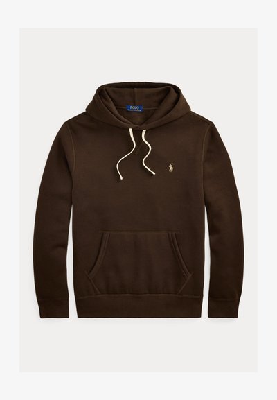 Rjava kapuca iz bombaža s sprednjim žepom, kapuco na vrvico in vezenim logotipom na prsih. Ima elastične manšete in rob.