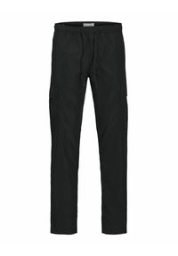 Pantalons cargo noirs avec taille élastique et cordon de serrage. Comprend deux poches latérales et deux poches à rabat sur les cuisses. Texture lisse.
