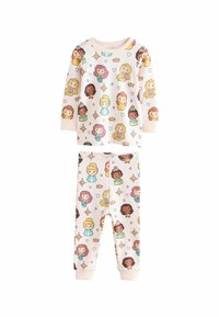 Completo pigiama per bambini in cotone composto da una maglietta a maniche lunghe e pantaloni. Il tessuto è di un rosa chiaro con illustrazioni colorate di principesse e corone.
