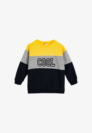 Kinder-Sweatshirt mit langen Ärmeln in Gelb, Grau und Schwarz, mit dem Wort "COOL" in fetten, schwarzen Buchstaben auf der Brust.