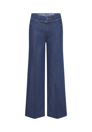 Weit geschnittene dunkelblaue Jeans aus Denim mit vorderen Taschen, Gürtelschlaufen und einer genähten Naht in der Mitte jedes Beins.