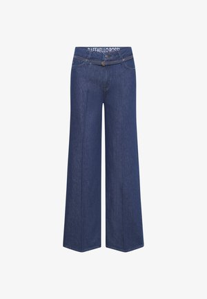Wide-leg dark blue denim jeans with front pockets, belt loops, and a stitched seam down the center of each leg.