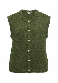 Gilet en tricot vert avec un col rond, sans manches, et une fermeture à boutons dorés sur le devant. Texture douce, style décontracté.
