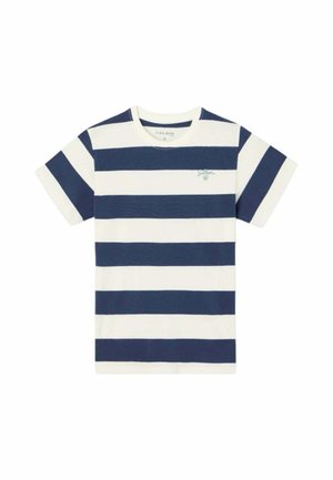 Camiseta de manga corta con cuello redondo, con amplias rayas horizontales azul marino y blancas y pequeño logo en el pecho izquierdo.