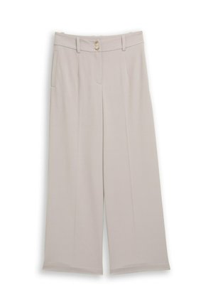 Pantaloni beige a gamba larga con passanti per cintura, due bottoni in vita e tasche laterali, disposti su uno sfondo bianco.
