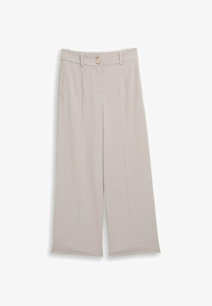 Pantalon beige à jambes larges avec passants de ceinture, deux boutons à la taille, et poches latérales, posé à plat sur un fond blanc.