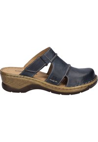 Dark blue leather clog with open sides, synthetic sole, low wedge heel, and contrast stitching detailing along the edges.