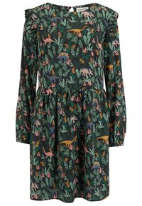 Vestido verde de manga larga, con un estampado de dinosaurios y follaje en rosa, amarillo y azul. Incluye cintura fruncida y detalles en los hombros con volantes.