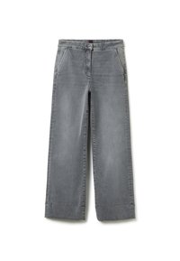 Grijze wijde jeans van denim, met twee achterzakken, een knoopsluiting en omgeslagen manchetten. Gladde textuur met een lichte vervaging.