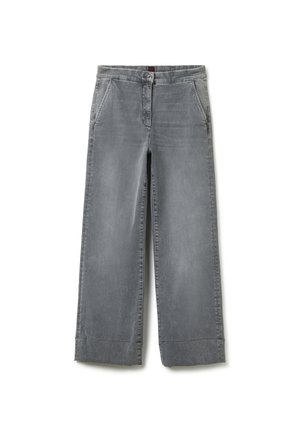 Jeans a gamba larga grigi di denim, caratterizzati da due tasche frontali, chiusura con bottone e orli arrotolati. Texture liscia con leggera scoloritura.