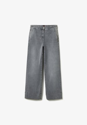 Grijze wijde jeans van denim, met twee achterzakken, een knoopsluiting en omgeslagen manchetten. Gladde textuur met een lichte vervaging.