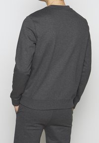 Sudadera gris oscuro de material suave, con cuello redondo, mangas largas y puños y dobladillo acanalados. Se muestra la vista posterior.