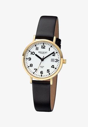 Montre-bracelet classique avec boîtier doré, cadran blanc, chiffres arabes noirs, aiguilles des heures et des minutes noires, fenêtre de date à 3 heures, bracelet en cuir noir.