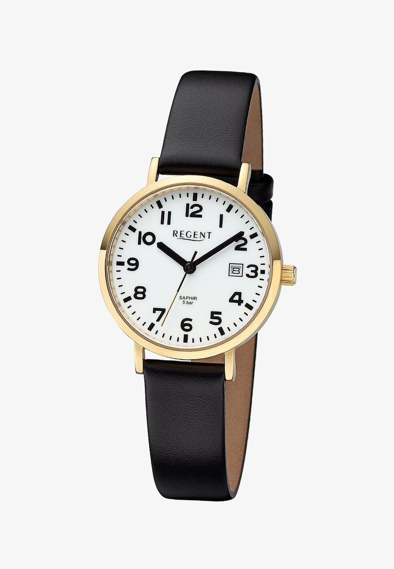 Montre-bracelet classique avec boîtier doré, cadran blanc, chiffres arabes noirs, aiguilles des heures et des minutes noires, fenêtre de date à 3 heures, bracelet en cuir noir.