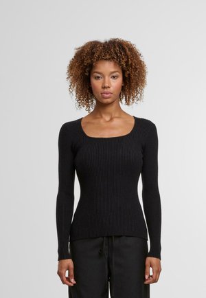 Zwarte geribbelde trui met lange mouwen, een vierkante halslijn en een aansluitend ontwerp. De gestructureerde stof sluit nauw aan bij het lichaam en benadrukt de silhouet.