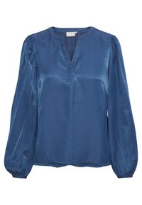 Blå satin bluse med V-udskæring, lange puffede ærmer og en afslappet pasform. Glat tekstur med subtil glans og uden synlige mønstre.