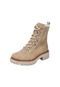 Botas de caña corta beige de ante con cordones, acabado texturizado, costuras blancas, herrajes plateados y una suela gruesa con relieve.