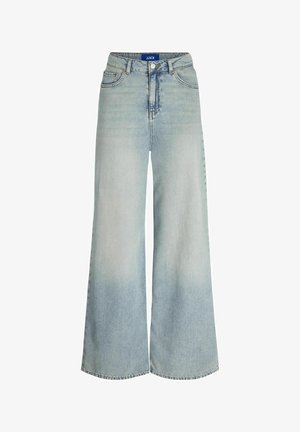 Plačiai iškarpytos džinsai, pagaminti iš šviesiai mėlynos denimo, su aukštu liemeniu, penkių kišenių dizainu ir subtiliu audinio blukimu.