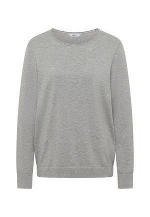 Pull gris clair à manches longues et col rond, avec poignets et ourlet côtelés, fabriqué en tissu maille doux.