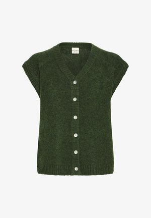 Green knitted sleeveless cardigan with V-neck and six white buttons down the front, labeled ICHI Studio.