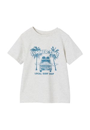 Light gray short-sleeve shirt with blue graphic of a vintage van between palm trees and text "SUMMER TIME" and "LOCAL SURF SHOP."