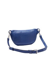 Blaue Leder Schultertasche mit runder Form, silbernen Hardware-Akzenten und einem verstellbaren Riemen. Glatte Textur mit minimalen Details.
