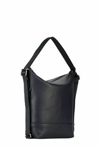Sac à bandoulière en cuir noir à design souple. Présente une surface texturée, une bandoulière réglable et une fermeture à glissière.