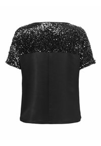 Czarny top z krótkim rękawem z ozdobnym, cekinowym górnym segmentem, gładką satynową dolną częścią i luźnym krojem. Widok z tyłu.