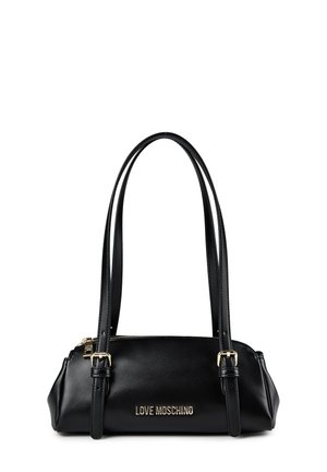 Sort læder skuldertaske med to lange stropper og guld "LOVE MOSCHINO" logo foran, med lynlås i toppen.