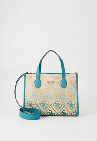 Woven straw handbag with turquoise leather accents, featuring a top handle, detachable shoulder strap, and metallic logo detail.