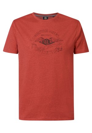 Červené bavlnené tričko s okrúhlym výstrihom a krátkymi rukávmi, s čiernym grafickým potlačou na prednej strane. Jednoduchý a ležérny štýl.